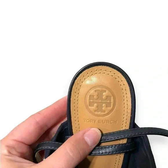 Tory Burch Eleanor 105mm Suede Bow Knot Heeled Sandals in Navy Blue Size 8.5 - Picture 6 of 9